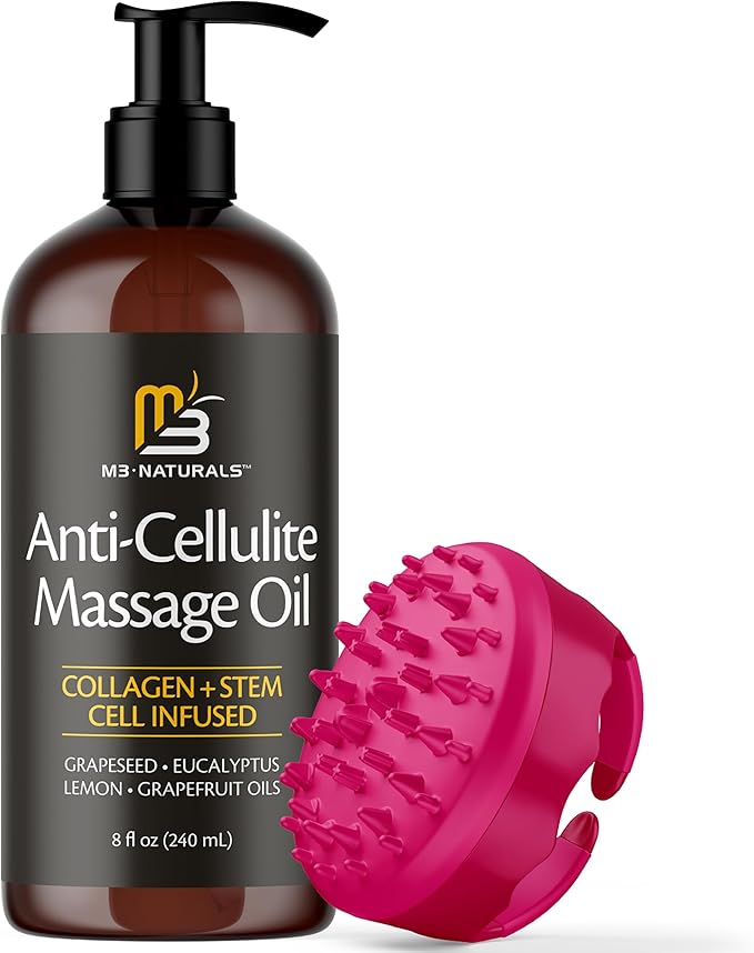 Anti Cellulite Massage Oil and Silicone Body Brush – Collagen and Stem Cell Skin Tightening Formula for Smoothing and Firming, 8 fl oz by M3 Naturals