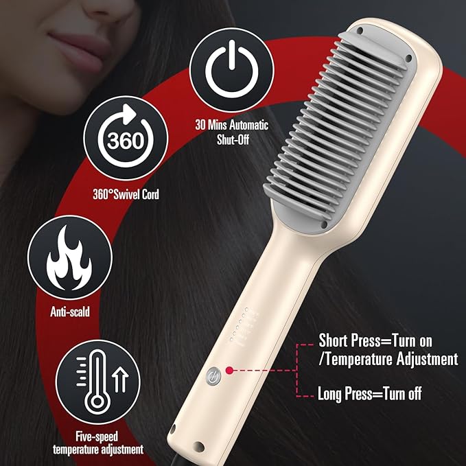 SDLOGAL Hair Straightener Brush, Hair Straightener Comb Straightening Brush for Women, with 5 Temps & Fast Heating, Easy and Fast Salon-Style, Plus Dual Voltage Travel Friendly-(Beige)