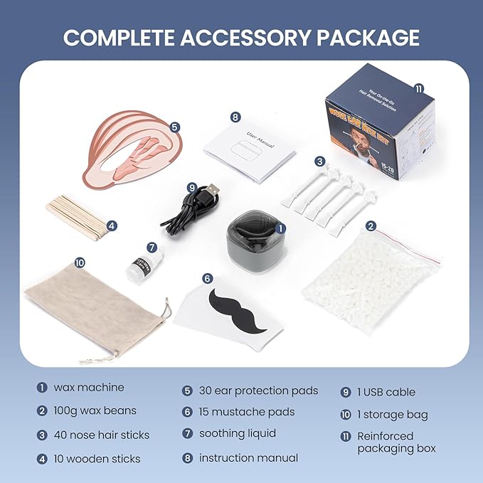 Nose Wax Kit Men, Nose Hair Waxing Kit with 100g Wax, 40 Sticks, Ear Hair Removal for Men, USB Fast Heat, Smart Constant Temp, Upgraded Size, Multi-Accessories, Gray