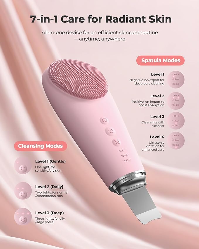 Facial Cleansing Brush & Massager, 2 in 1 Facial Skin Scrubber Waterproof and Rechargeable Face Scrub for Deep Cleansing Vibrating Exfoliator Scrubber Skin Care with 7 Modes, Gentle Exfoliating - Pink