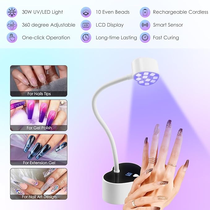 Onite UV Light for Gel Nails with Auto Sensor - 30W LED Fast Curing for Gel X Nails, Rechargeable Heart-Shaped Gooseneck Design, Timer & Portable Mini Manicure Tool