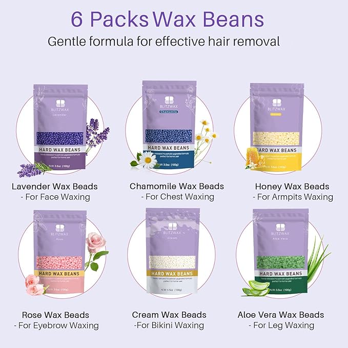 BLITZWAX Brazilian and Bikini Waxing Kit for Women, Hard Wax Warmer for Face, Legs and Body, At Home Hair Removal Kit, Beginner Friendly, Fast Heating, 51 Accessories, 6 Types Wax Bean Formula