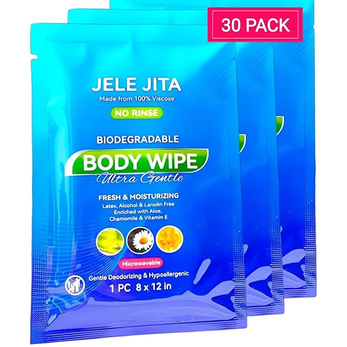 Ultra Gentle Body Wipes No Rinse, 30 Individually Wrapped Personal Hygiene Shower Wipes for Women and Men, Spa-Grade Comfort, Biodegradable, Great for Gym Travel Camping Post Surgery 8"x12" Unscented