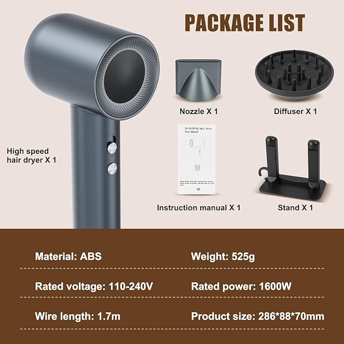 Hair Dryer, 1600W High Speed Ionic Blow Dryer with 300 Million Negative Ions, 140000 RPM Brushless Motor for Fast Drying, 59dB Low Noise & 65M/S Hair Dryers for Home Travel,Blue