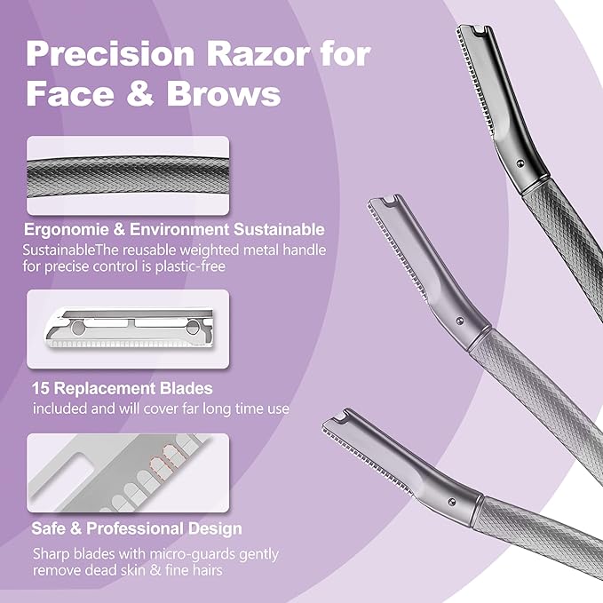 Eyebrow Razor with 16 Blades, Metal Razors for Women and Men,Dermaplane Razor for Women Face, Facial Hair Removal for & Eyebrow Hair Removal (Black)