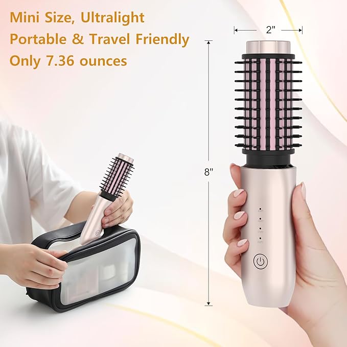Cordless Curling Iron Brush, Portable Travel Cordless Heated Hair Brush for Women, 4 Temperature(max210°), Rechargeable 7000mAh USB Hair Curler Styler