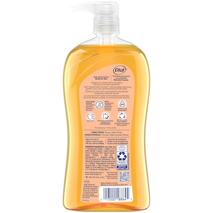 Dial Body Wash, Pamper & Indulge Marula Oil, 32 Fl Oz, Hydraclean Complex & Vitamin E, Gentle, Leaves Skin Feeling Nourished, Dermatologist-Tested, No Parabens & Sulfates