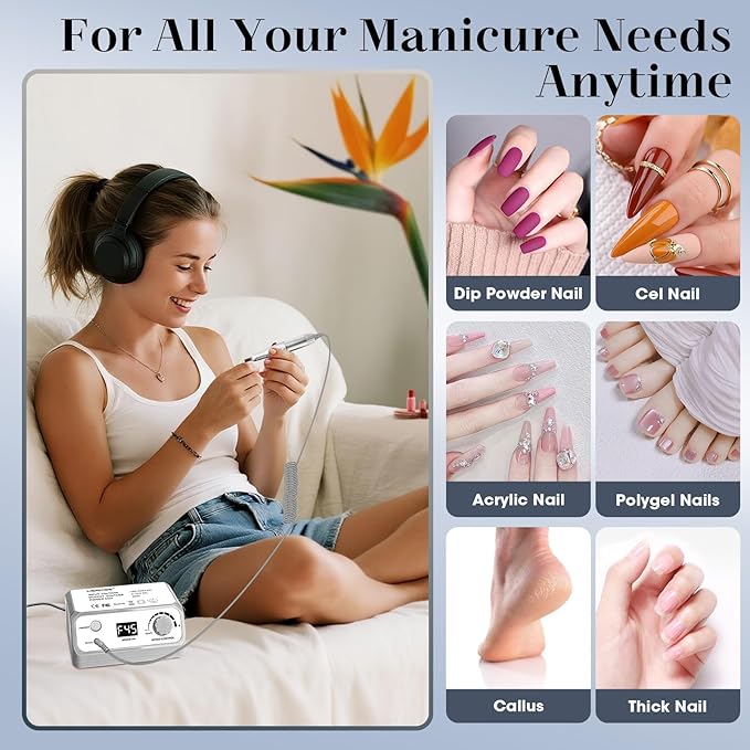 Professional Nail Drill 45000RPM Drill Nail Electric Nail File with Sanding Bands and Nail Drill Bits for Acrylic, Gel Nail Manicure & Pedicure, Gray