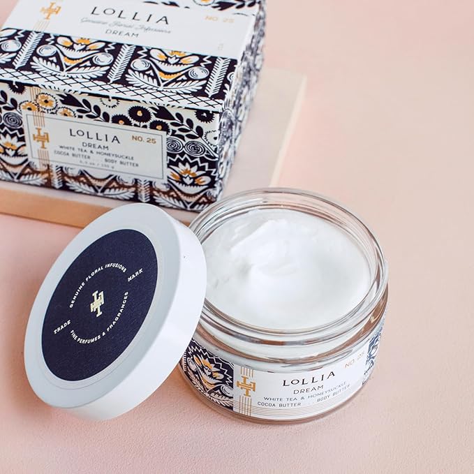 LOLLIA Dream Body Butter, 5.5 oz, White Tea & Honeysuckle Scented Balm for Women, Moisturizing Thick Shea & Cocoa Butter Lotion, Luxury Hydrating Skin Cream for Self Care