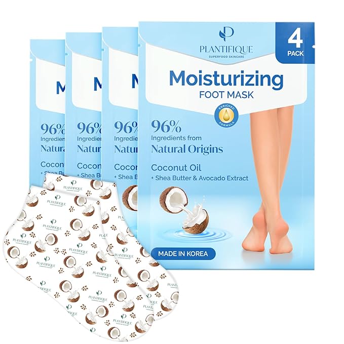 PLANTIFIQUE Korean Foot Mask with Shea Butter 4 Pairs box for Dry & Cracked Feet | Hydrating Socks for Soft Heels | Intense Moisturizing and Repairing Dry Rough Skin | Foot Spa | Happy Feet Mask