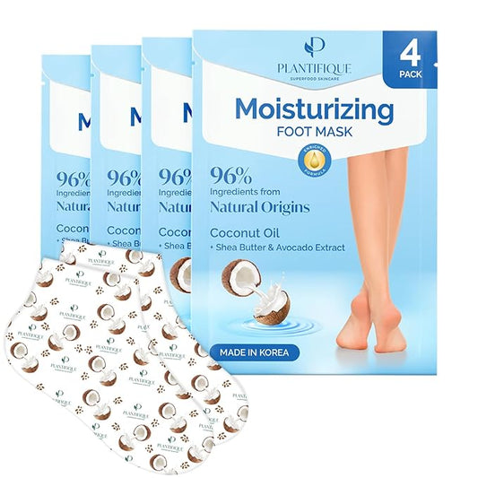 PLANTIFIQUE Korean Foot Mask with Shea Butter 4 Pairs box for Dry & Cracked Feet | Hydrating Socks for Soft Heels | Intense Moisturizing and Repairing Dry Rough Skin | Foot Spa | Happy Feet Mask
