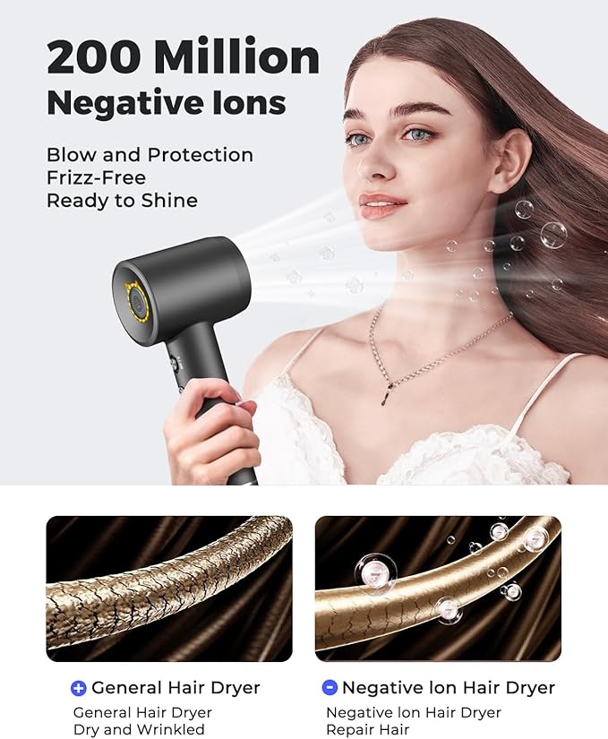 Bopcal Ionic Hair Dryer, 160000 RPM Brushless Motor, Smart Thermo-Control, Negative Ion Fast Drying, Quiet Lightweight Blow Dryer, Cold Air & 4 Heat Settings, for Home Travel Salon, Black