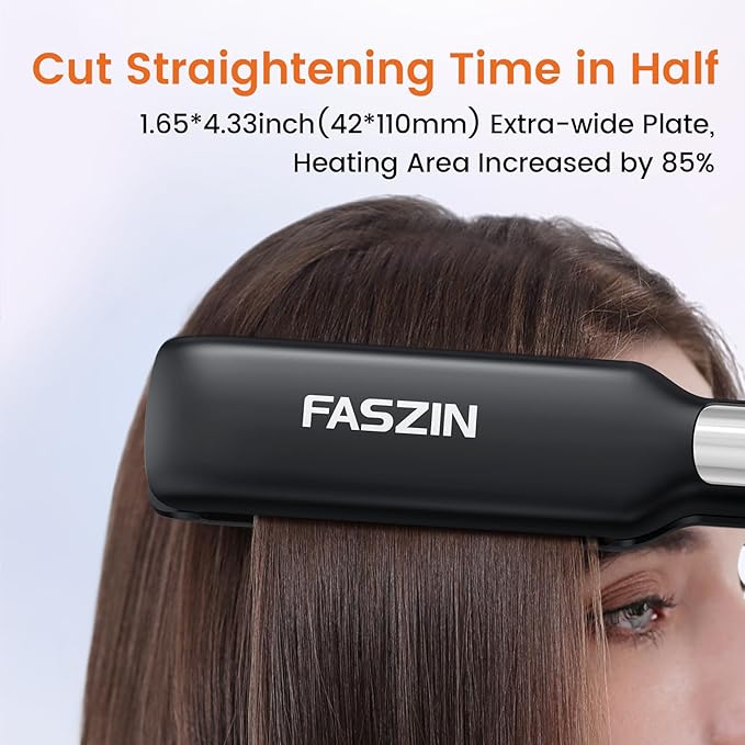 Faszin Professional Hair Straightener, 1.65inch Wide-Plate, Titanium Negative Ion Flat Iron, 30s Rapid Heating, LED Temp Display, Wide Voltage & 10 Adjustable Temp Levels (260-450℉) - Black
