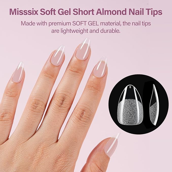 Misssix Short Almond Gel Nail Tips Kit, 216Pcs Pre Etched Clear Fake Nails, Full Cover False Nail 9-in-1 Gel Glue and Portable Mini U V Nail Lamp for Women 12 Sizes