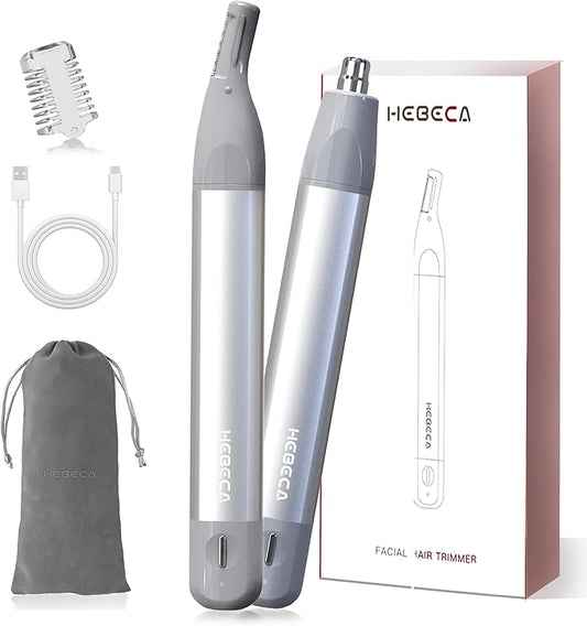 Nose Hair Trimmer for Men & Women - 2in1 Rechargeable Ear and Nasal Hair Trimmer, Waterproof Nose Clipper, Electric Eyebrow Trimmer & Facial Hair Remover Grooming Set (Silver Grey)