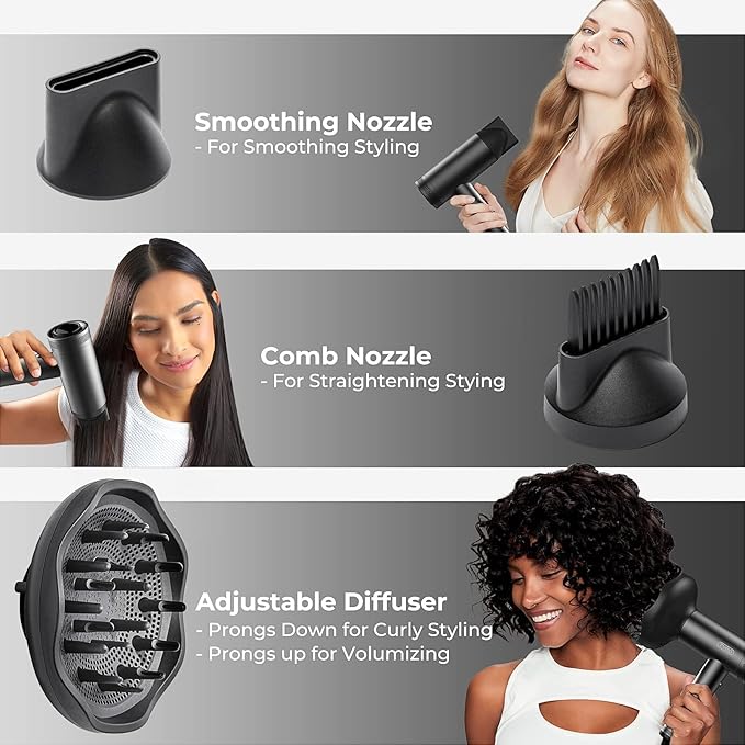 TYMO Hair Dryer with Diffuser for Women - 1500W Professional High Speed Blow Dryer with Comb, 110,000RPM Fast Dry, 200 Million Ionic Hairdryer, 4 Temps & 3 Speeds, 8 Ft Cord for Salon, Graphite