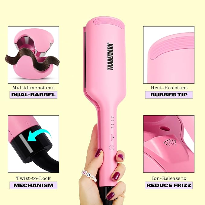 Trademark Beauty Hair Waver - Double Barrel Hair Crimper, Beach Waves Curling Iron, Babe Waves X, Adjustable Temperature Hair Curler, Hair Styling Tools, 1.25" - Pink