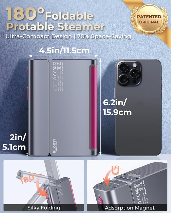 Travel Steamer Dual Voltage (110-220V), 2-in-1 Portable Steamer & Iron, 1200W, 15s Fast Heat-Up, Foldable Travel Size with Pluggable Cable, 110ml Tank for Home, Europe & Global Use