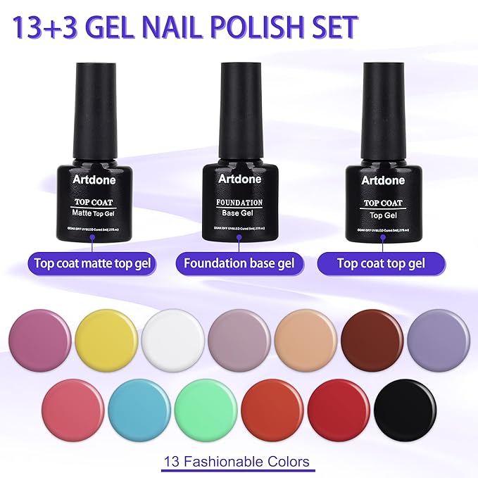 Artdone Gel Nail Polish Set Solid UV Gel 16 Bottles Set Include Top & Matte Top Coat and Base Coat White Pink Yellow Blue Red Colors For All Seasons Neutral Soak Off Manicure Kit For Nail Art