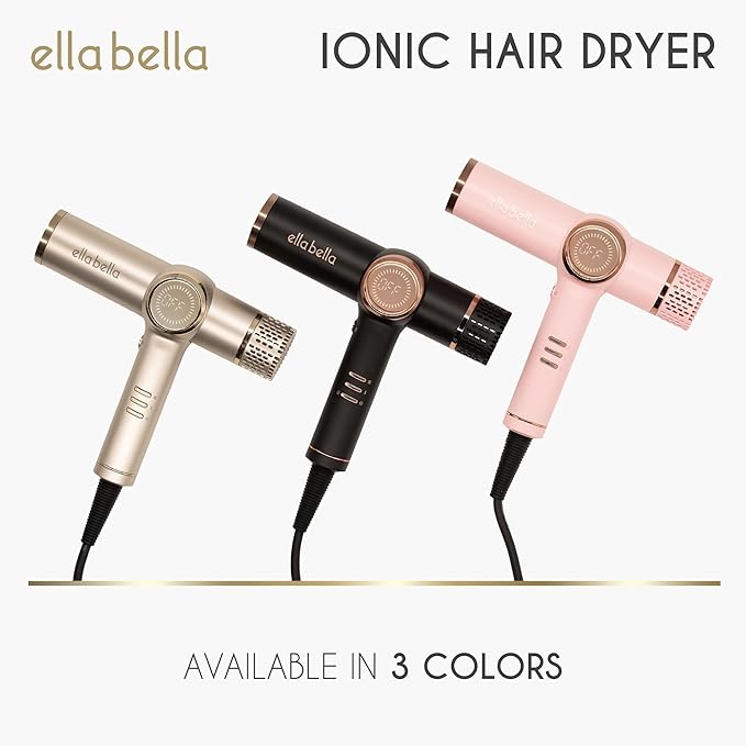 ELLA BELLA® Professional Ionic Hair Dryer with Diffuser • Dual Voltage Negative Ion Blow Dryer • Suitable All Hair Types • Intelligent Heat Control & Rapid Drying Speeds • Lightweight Design Low Noise