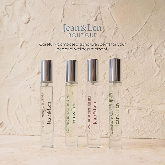 Jean & Len Scent Experience Travel Set, Peony Lychee, Rosemary Ginger & Cardamom Tonka EDT, all three scents in one practical mini perfume set, minimalistic glass bottles, 1x Set