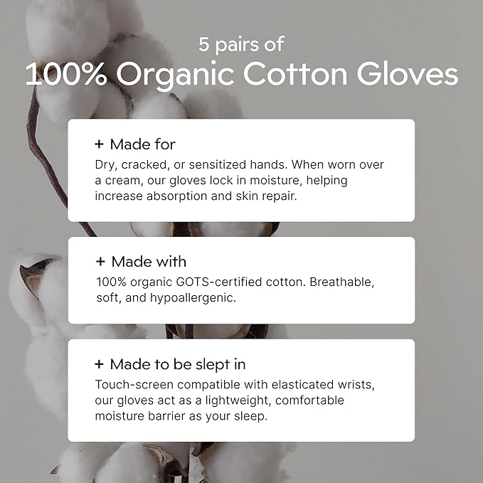 Clearbody Organics 100% Organic Cotton Gloves - 5 Pairs of White Gloves, M - Hand Moisturizer - Sleeping Mitts for Dry Hands - Washable Cotton Liners for Men & Women