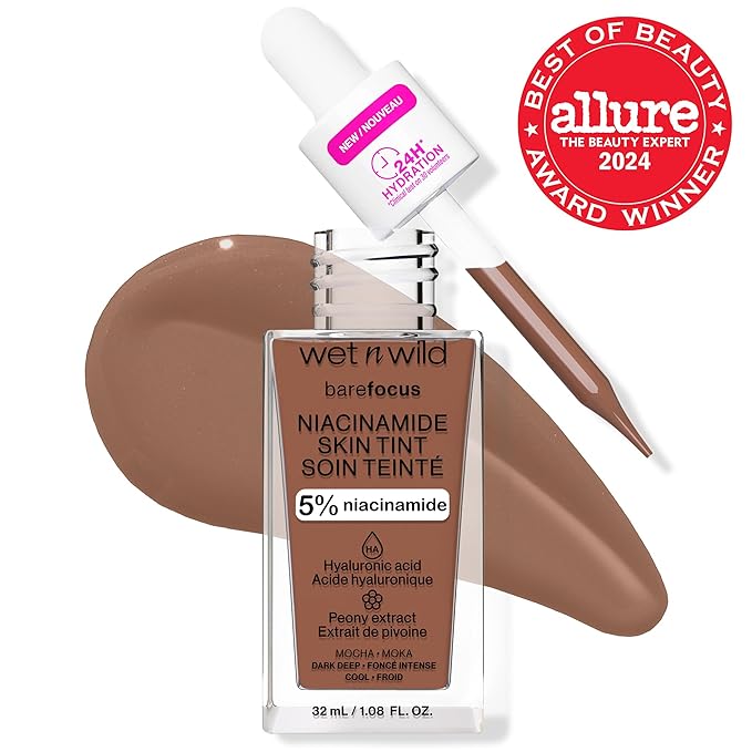 wet n wild Bare Focus Skin Tint, 5% Niacinamide Enriched, Buildable Sheer Lightweight Coverage, Natural Radiant Finish, Hyaluronic & Vitamin Hydration Boost, Cruelty-Free & Vegan - Mocha