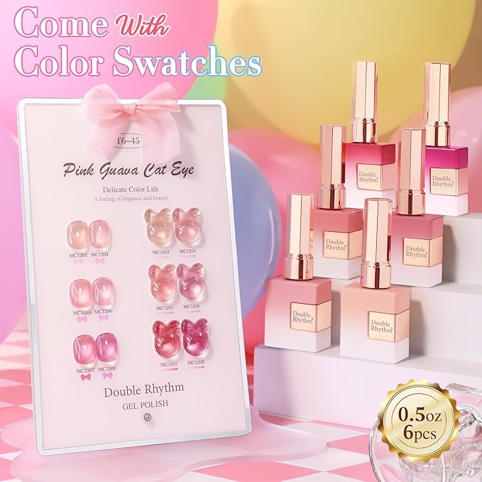 Double Rhythm Cat Eye Gel Nail Polish Set of 6 Same Color Same Bottle 0.5 Oz Shimmer Glitter with Magnet Holographic Reflective Magnetic UV Nail Polish Kit at Home (Glass Nude Pink Rose-T6-45)