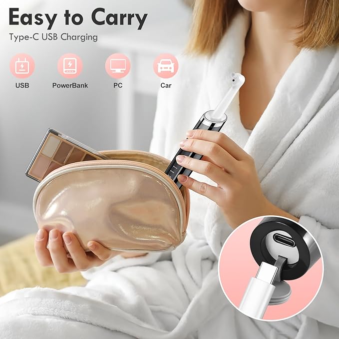 Tooth Polisher, Rechargeable Teeth Polisher for Daily Cleaning, Whitening and Polishing, Electric Dental Teeth Polishing with LED Light, 5 Brush Heads, 5 Speed Modes, Waterproof