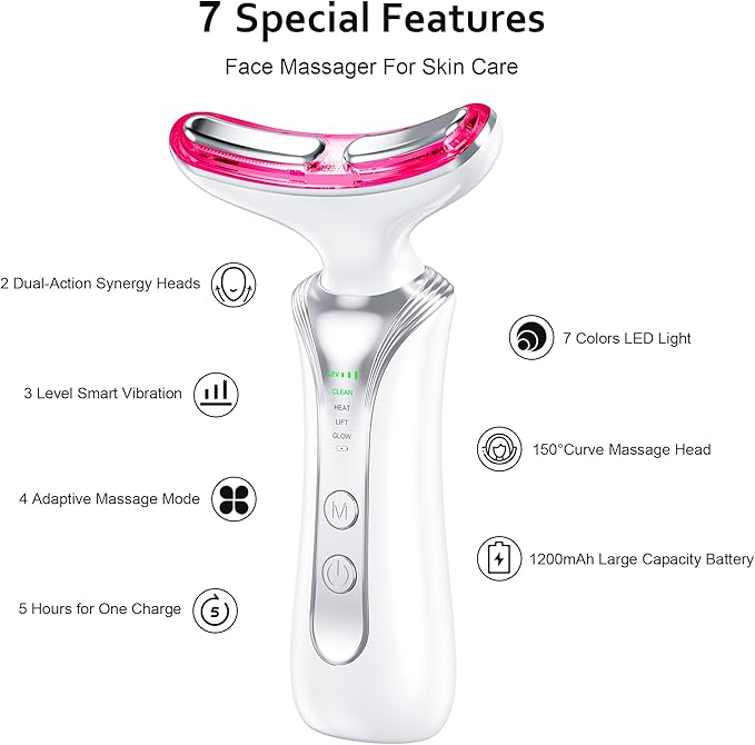 7 in 1 Multifunctional Facial Massager, Red Light Therapy for Face with 7 Modes, Face Lift Device, Portable Facial Massager for Wrinkles,Neck&Skin Care-White