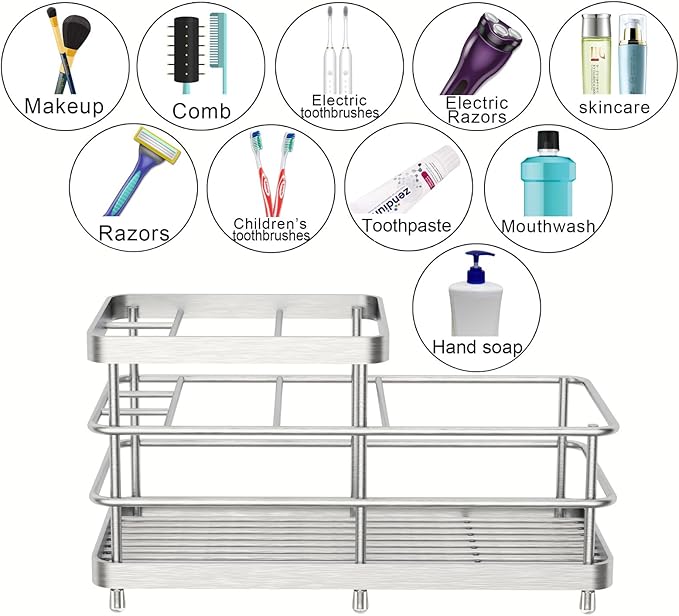 Toothbrush Holders, WHALCHI Bathroom Toothbrush Organizer 6 Slots Rustproof Metal Toothbrush and Toothpaste Holder, Silver, L