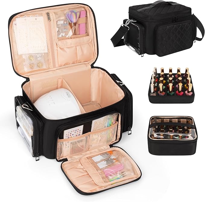 Nail Polish Organizer, Nail Polish Storage Holds 42+ Bottles & Nail Lamp, Portable Travel Nail Kit Storage Carrying Case Fits Nail Suppiles, Gift for Manicurist, Grils - Black