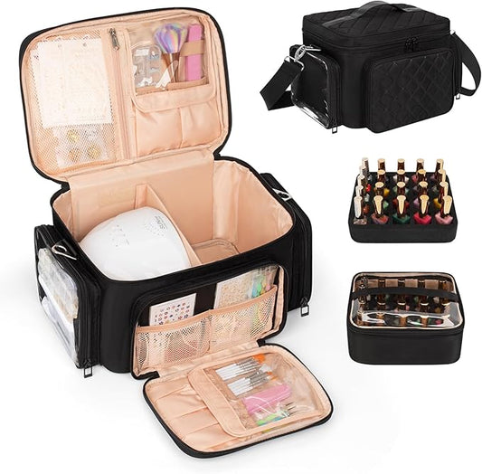 Nail Polish Organizer, Nail Polish Storage Holds 42+ Bottles & Nail Lamp, Portable Travel Nail Kit Storage Carrying Case Fits Nail Suppiles, Gift for Manicurist, Grils - Black