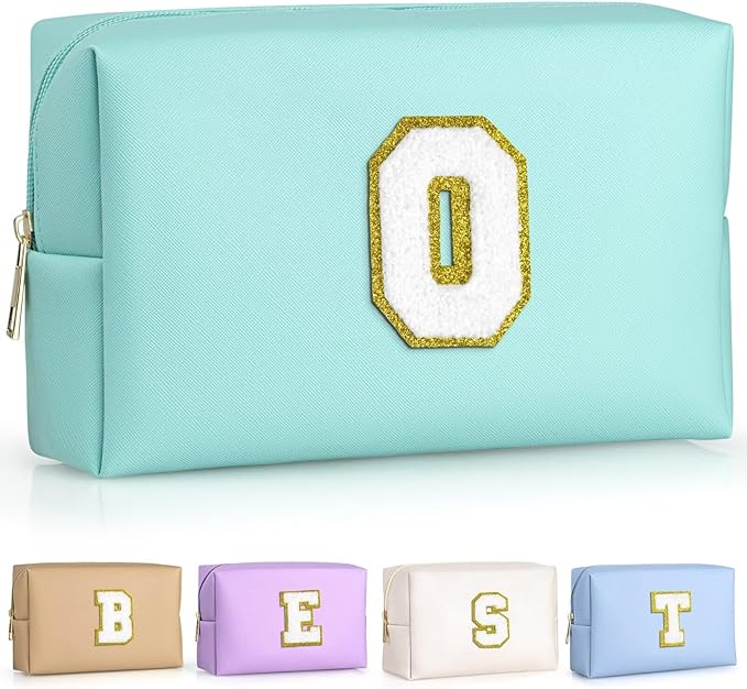 TOPEAST Small Makeup Bag Initial Cosmetic Bag Travel Toiletry Bag, Personalized Birthday Gift for Mom Sister Friends Teacher Nurse, Preppy Travel Stuff for Girls (Blue O)