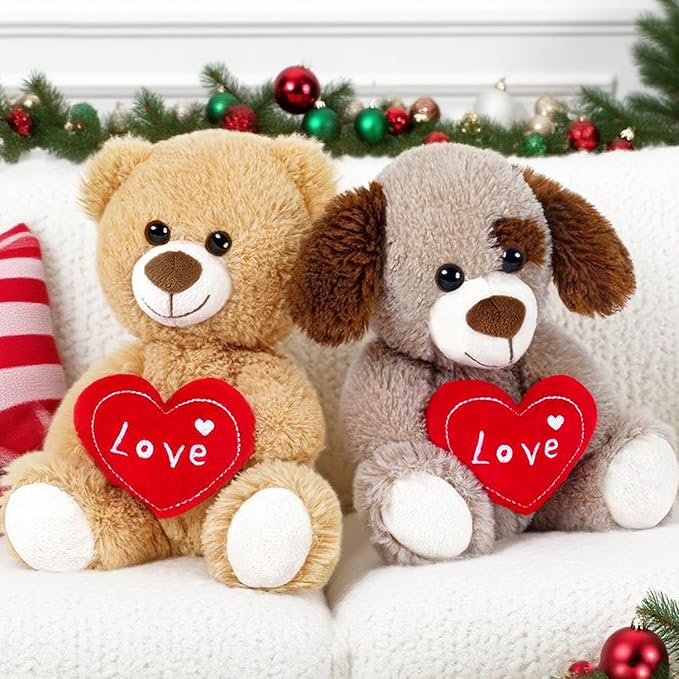 Small Puppy Dog Stuffed Animals Cute I Love You Soft Plush Toy Holding Red Heart for Baby Shower Kids Girls Girlfriend Christmas Valentine's Day, Wedding, Anniversary, Birthday, Brown