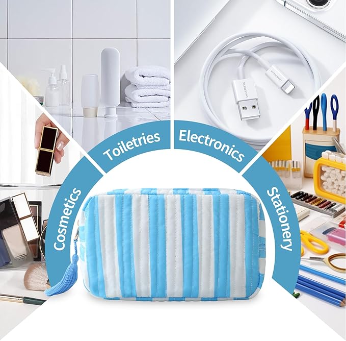 Quilted Makeup Bag for Women, Stripe Cosmetic Pouch with Tassel Zipper Travel Toiletry Organizer (White-Blue)