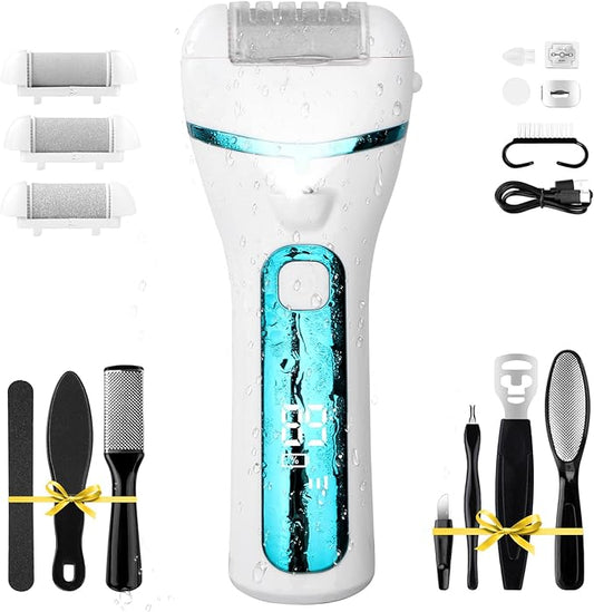 PUBOO Foot Callus Remover Electric 10000 RPM 3-Speed IPX7 Rechargeable Pedicure Kit for Hard Skin Women & Men. Portable Multi-Roller File Grinder Sander Scrubber with LED Display for Wet & Dry Feet