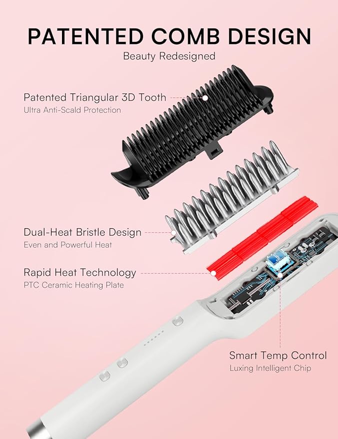 Hair Straightener Brush, Luxing PuraLux Straightener Comb, Fast Heating Hair Straightening Comb, 5 Temp Settings & Anti-Scald with Ceramic Coating, Professional Styling Tools (Pearl White)