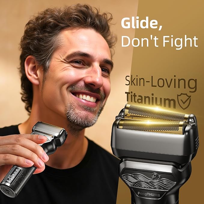 Electric Foil Shaver for Men: Rechargeable Razor with Push-Up Trimmer for Face - Cordless Wet/Dry/Anti-Slip Waterproof Shavers with LED Display - Metal Handheld Design, Gray Silver