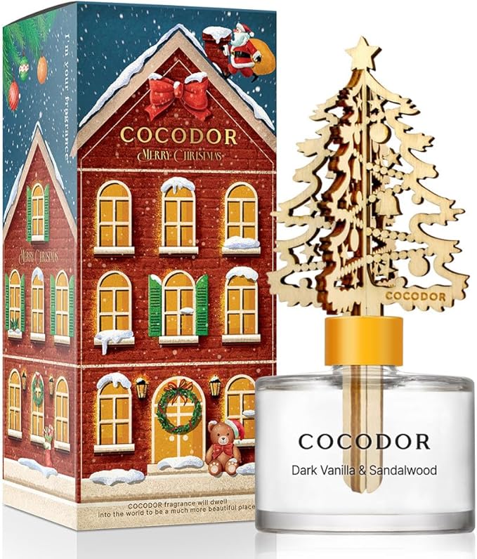 COCODOR Christmas White Tree Reed Diffuser/Snow Dark Vanilla&Sandalwood/ 6.7oz / Scent Fragrance Oil Diffuser for Bedroom Bathroom Home Decor for Xmas & Festive Winter
