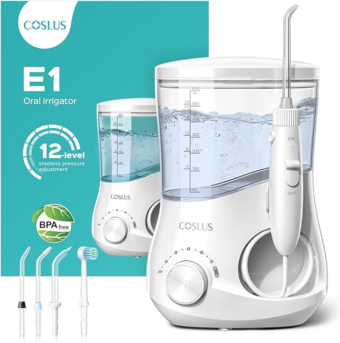 COSLUS Electric Water Flosser for Teeth: Professional Dental Pick for Orthodontic, Sensitive Gums, Braces - 12 Pressure Settings & 5 Multi-Functional Tips for Multiple Users, Home Use, White