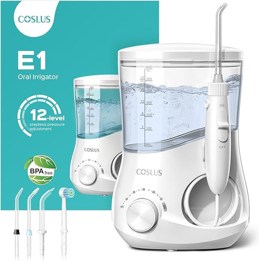 COSLUS Electric Water Flosser for Teeth: Professional Dental Pick for Orthodontic, Sensitive Gums, Braces - 12 Pressure Settings & 5 Multi-Functional Tips for Multiple Users, Home Use, White