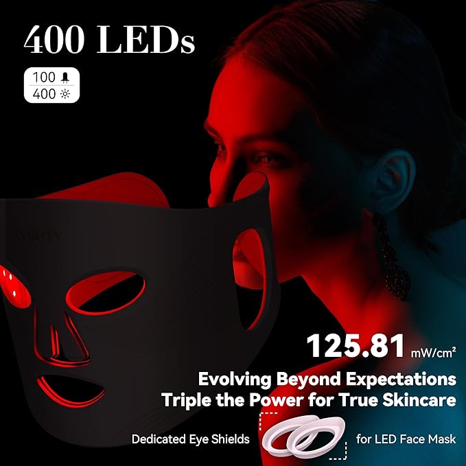 LED Face Mask Light Therapy, 4 Modes Portable Red Light Therapy for Face, 2000mAh Rechargeable Remote, Blue, Orange, 850NM Infrared & Red Light Mask, 400 LEDs, Timing Function, at Home & Travel