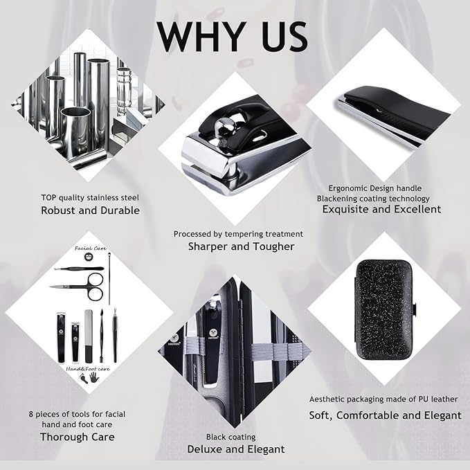 Manicure Pedicure Set 8pcs Stainless Steel Nail Clippers Kit Fingernail Toenail Clippers Cutters with Leather Case for Home Workplace Outdoor Travel Salon Gift for Men Women Family Friends