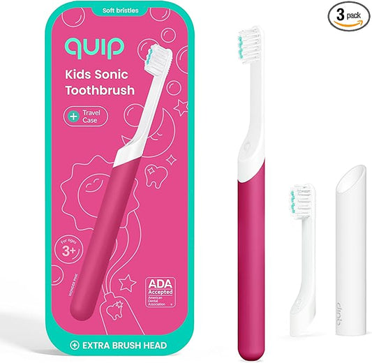 Quip Kids Electric Toothbrush, Battery-Powered Sonic, Wonder Pink, with Extra Brush Head and Travel Cover