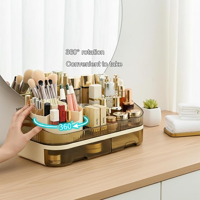 Large Plastic Makeup Organizer with Rotating Brush Holder for Vanity - Bathroom Countertop Skin Care Storage, Easy for Lipsticks, Nail Polishes, Perfumes & Eyeshadow Palettes