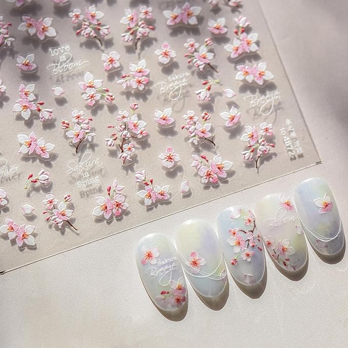Flower Nail Stickers for Nail Art 5D Self Adhesive Nail Decals Spring Summer Nail Art Stickers White Pink Floral Nail Supplies Manicure Decoration for Women Girls