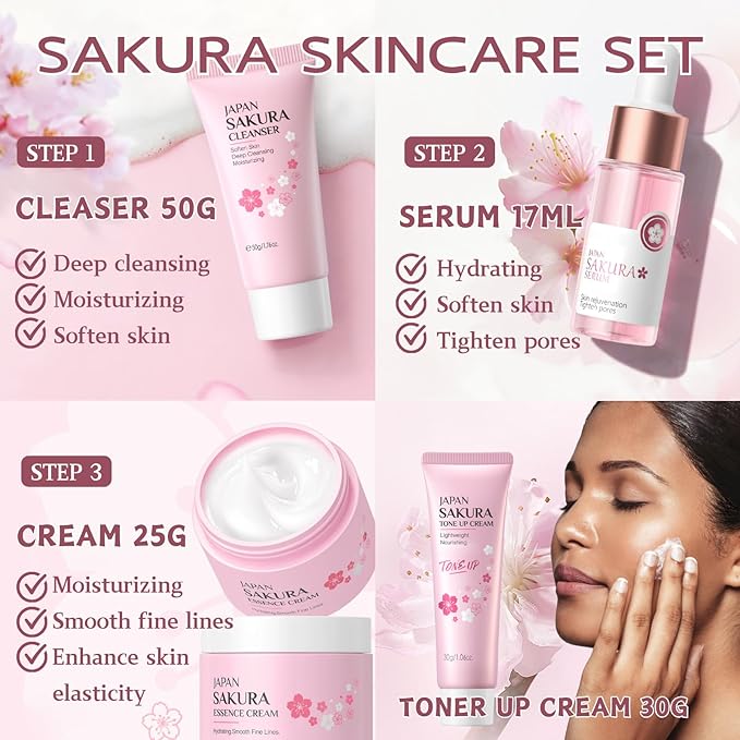 Sakura Skincare Set for Women Teen Girl Gifts - Skin Care Set Travel Size - Skincare for Girls 10-12 Hydrating - Birthday Gift Set face kit with Cleanser,Serum,Cream,Toner Up Cream,Eye & Lip Mask,8PCS