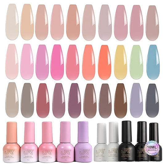 JR 35pcs 10ml Gel Nail Polish Same Color Same Bottle Red Pink Nude Gel Polish Set Base Top Matte Coat For Nail Salon Professional Nail Art Manicure for Women A Set