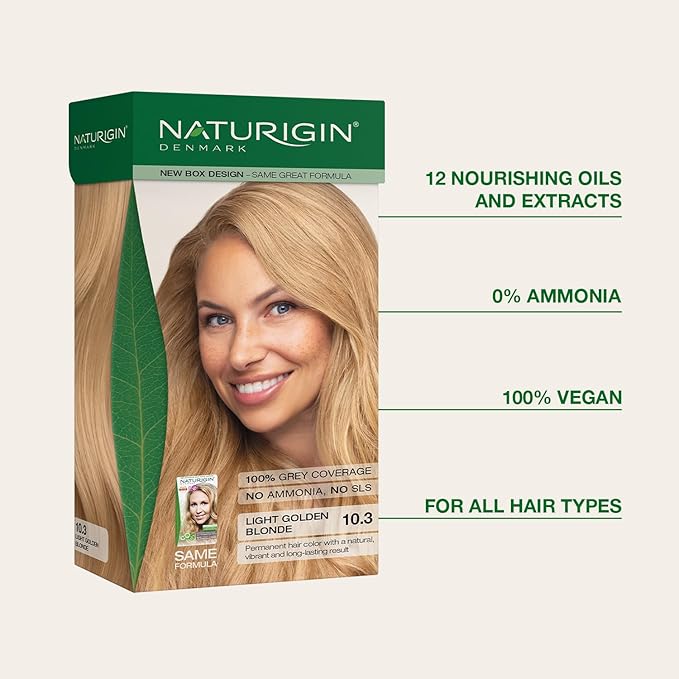 Naturigin Permanent Hair Color, 10.3 Light Golden Blonde, Ammonia Free, 100% Gray Coverage, Nourishing Natural Formula, For All Hair Types, Long-Lasting, Vegan & Cruelty-Free, 1 Pack